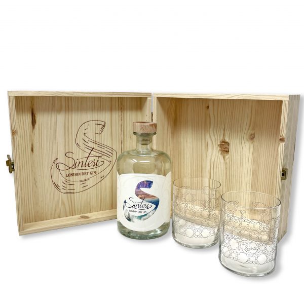 Box in legno Sintesi Gin 70cl + 2 bicchieri